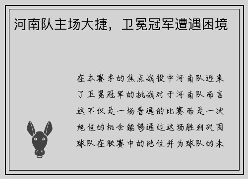 河南队主场大捷，卫冕冠军遭遇困境