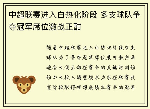 中超联赛进入白热化阶段 多支球队争夺冠军席位激战正酣