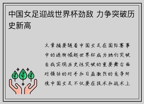 中国女足迎战世界杯劲敌 力争突破历史新高