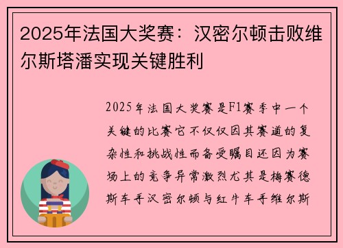 2025年法国大奖赛：汉密尔顿击败维尔斯塔潘实现关键胜利